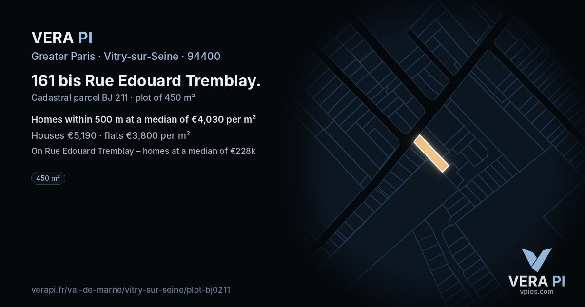 161 bis Rue Edouard Tremblay, Vitry-sur-Seine at night – the plot lit, the parcels around coloured by the prices near them