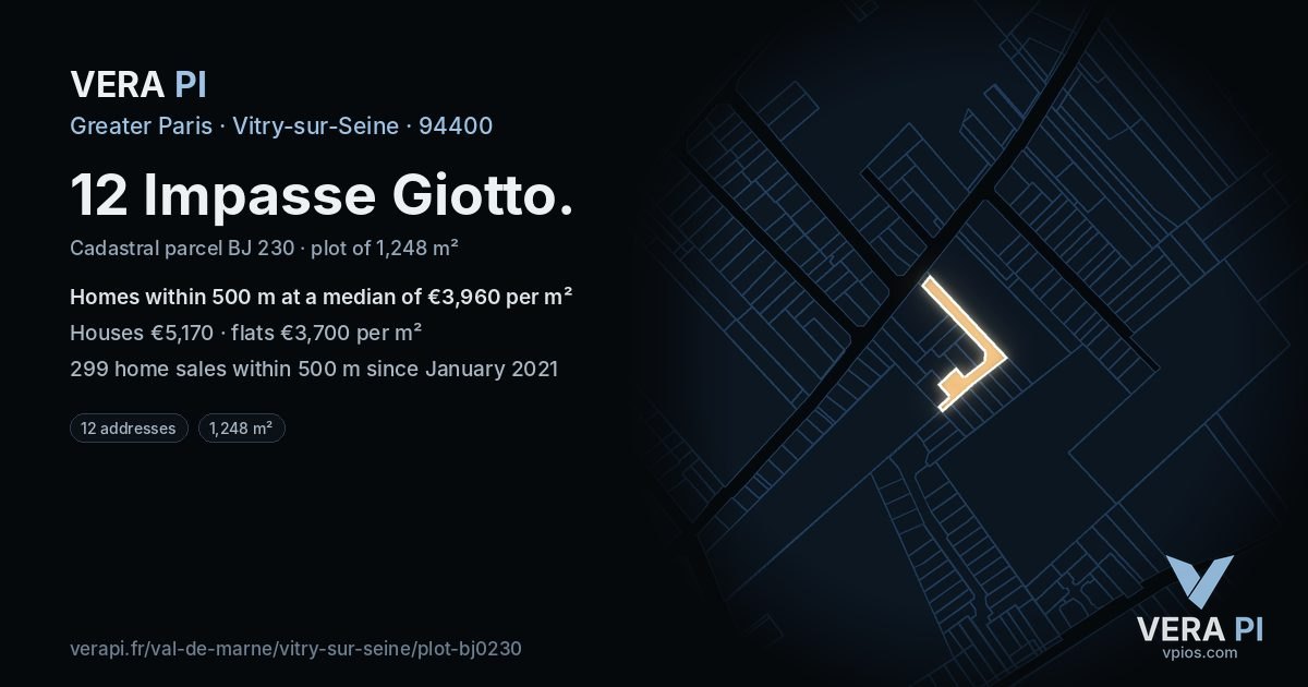 12 Impasse Giotto, Vitry-sur-Seine at night – the plot lit, the parcels around coloured by the prices near them
