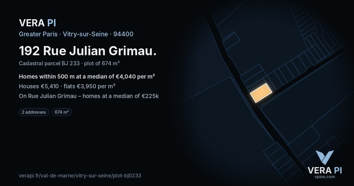192 Rue Julian Grimau, Vitry-sur-Seine at night – the plot lit, the parcels around coloured by the prices near them