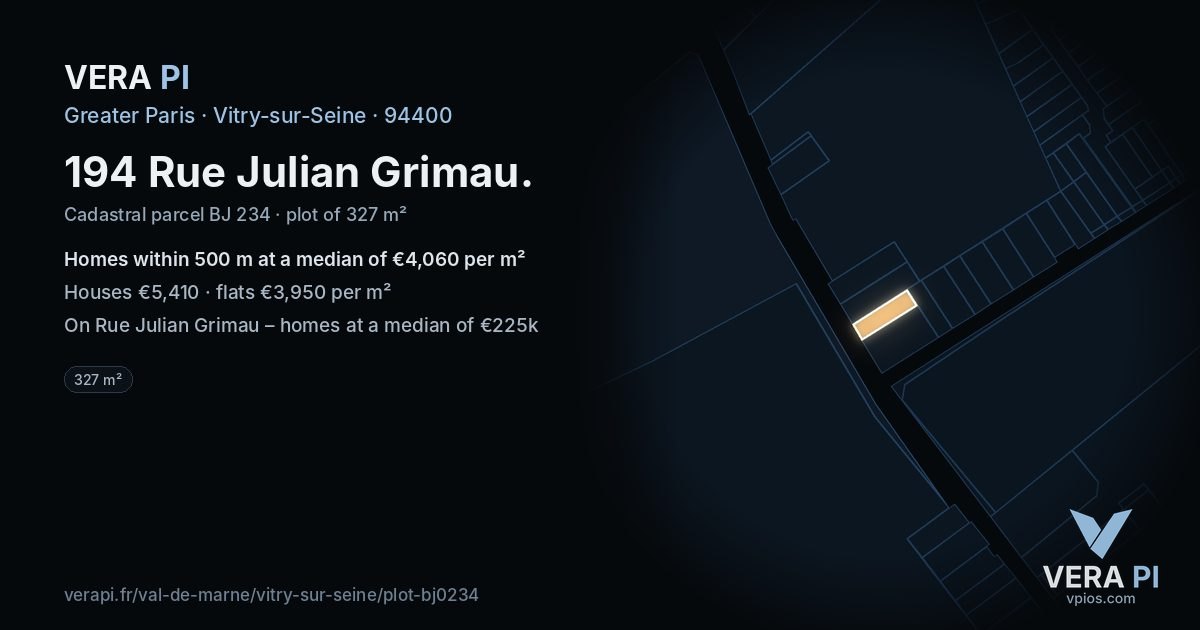 194 Rue Julian Grimau, Vitry-sur-Seine at night – the plot lit, the parcels around coloured by the prices near them