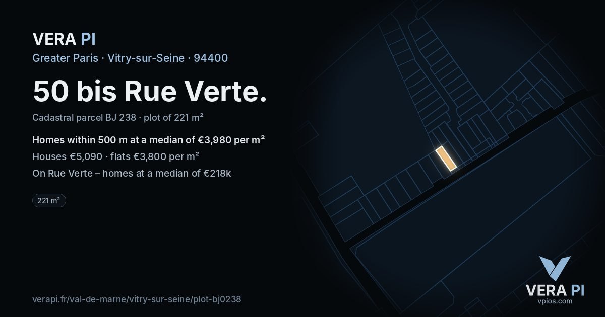50 bis Rue Verte, Vitry-sur-Seine at night – the plot lit, the parcels around coloured by the prices near them