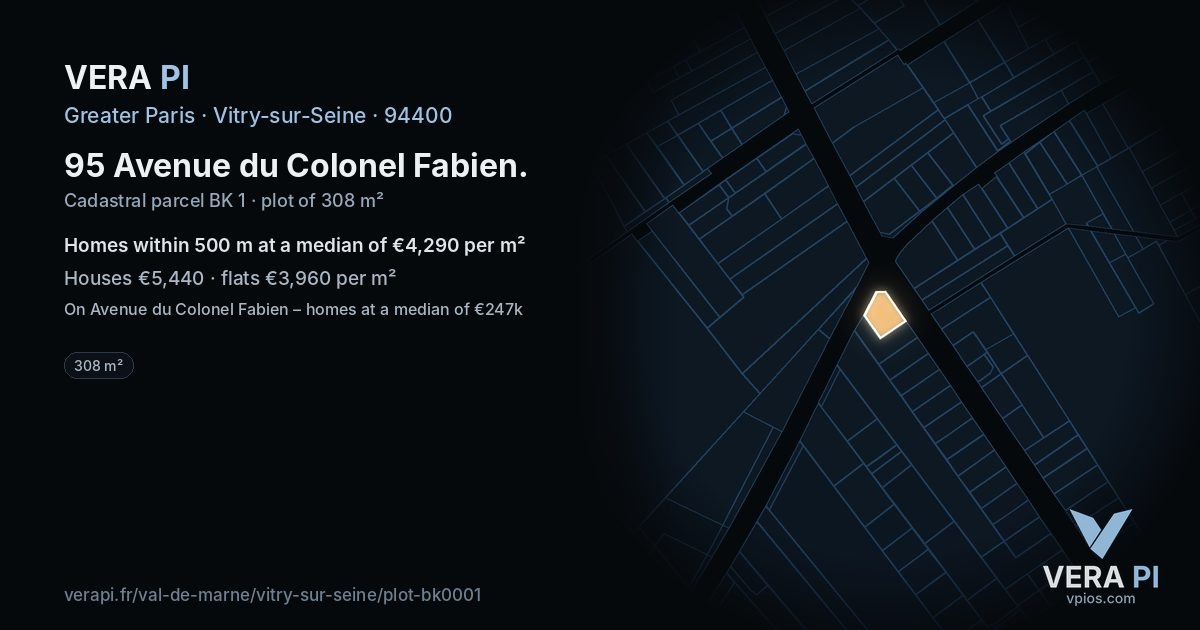 95 Avenue du Colonel Fabien, Vitry-sur-Seine at night – the plot lit, the parcels around coloured by the prices near them