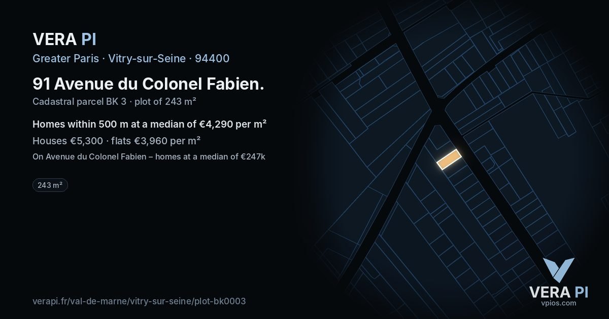 91 Avenue du Colonel Fabien, Vitry-sur-Seine at night – the plot lit, the parcels around coloured by the prices near them