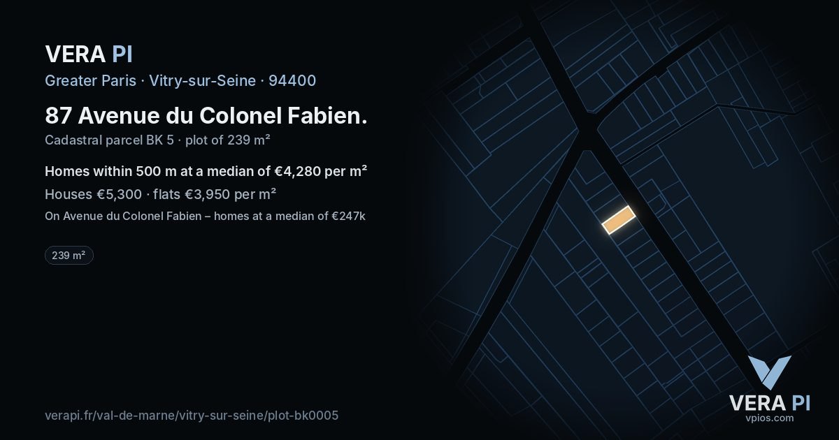 87 Avenue du Colonel Fabien, Vitry-sur-Seine at night – the plot lit, the parcels around coloured by the prices near them