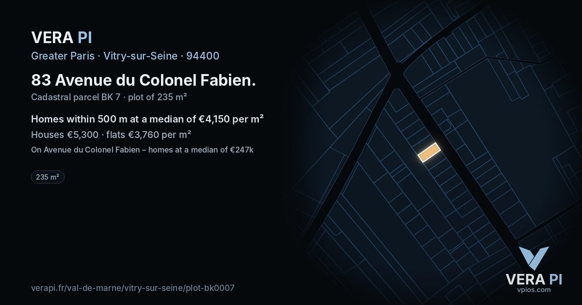 83 Avenue du Colonel Fabien, Vitry-sur-Seine at night – the plot lit, the parcels around coloured by the prices near them