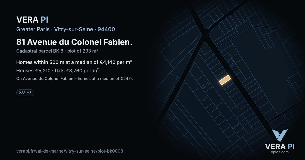 81 Avenue du Colonel Fabien, Vitry-sur-Seine at night – the plot lit, the parcels around coloured by the prices near them