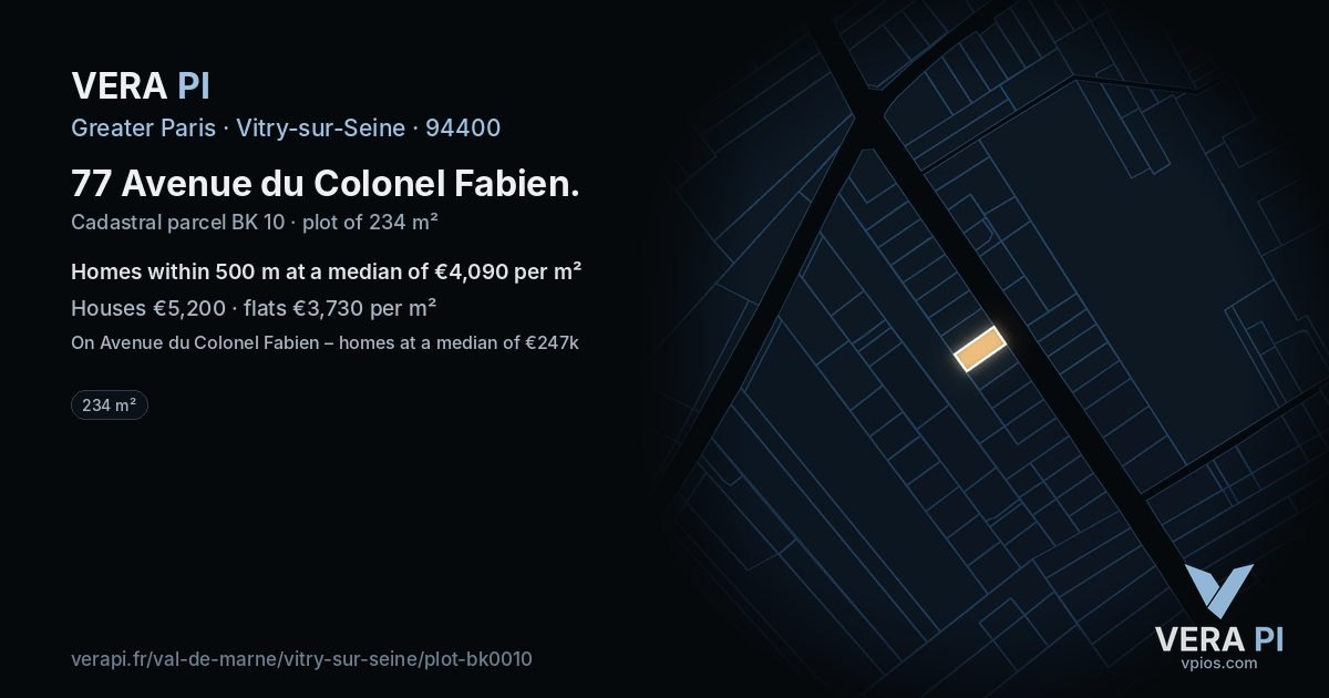 77 Avenue du Colonel Fabien, Vitry-sur-Seine at night – the plot lit, the parcels around coloured by the prices near them