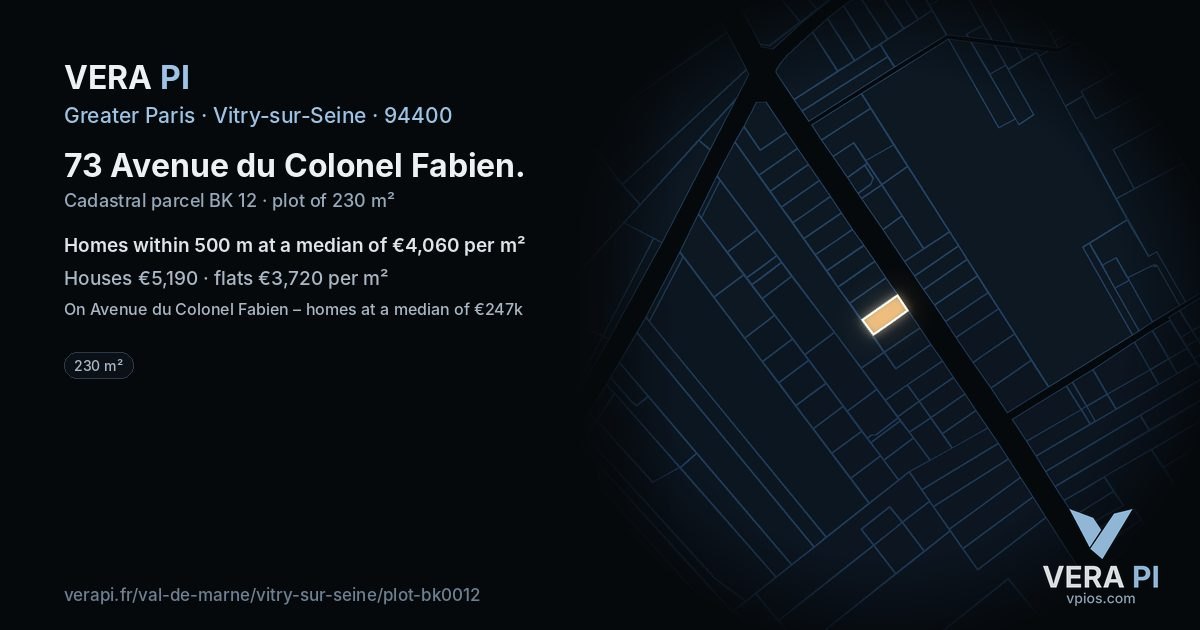 73 Avenue du Colonel Fabien, Vitry-sur-Seine at night – the plot lit, the parcels around coloured by the prices near them