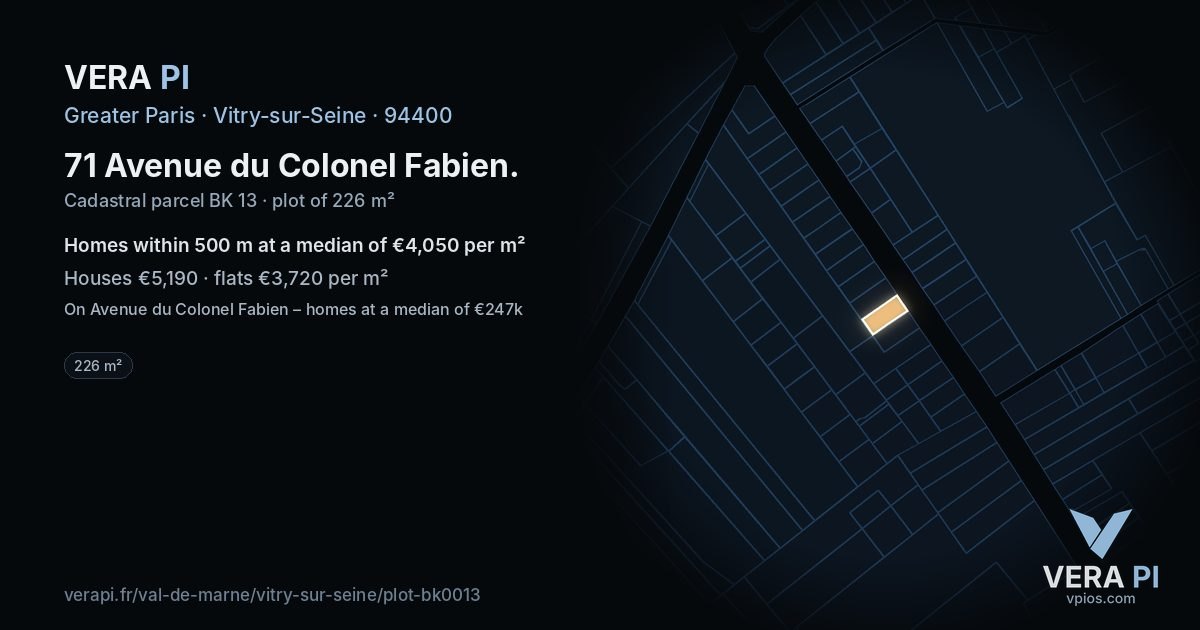 71 Avenue du Colonel Fabien, Vitry-sur-Seine at night – the plot lit, the parcels around coloured by the prices near them
