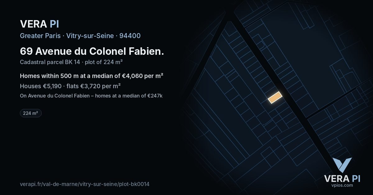 69 Avenue du Colonel Fabien, Vitry-sur-Seine at night – the plot lit, the parcels around coloured by the prices near them