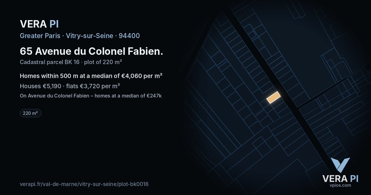 65 Avenue du Colonel Fabien, Vitry-sur-Seine at night – the plot lit, the parcels around coloured by the prices near them