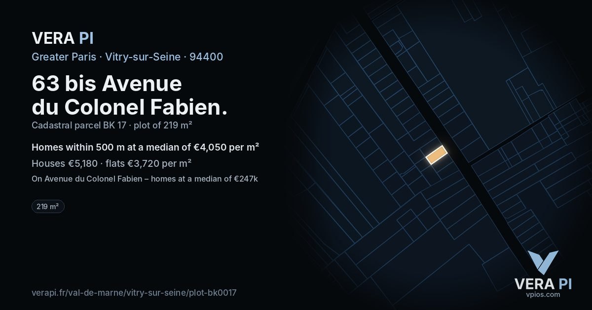 63 bis Avenue du Colonel Fabien, Vitry-sur-Seine at night – the plot lit, the parcels around coloured by the prices near them
