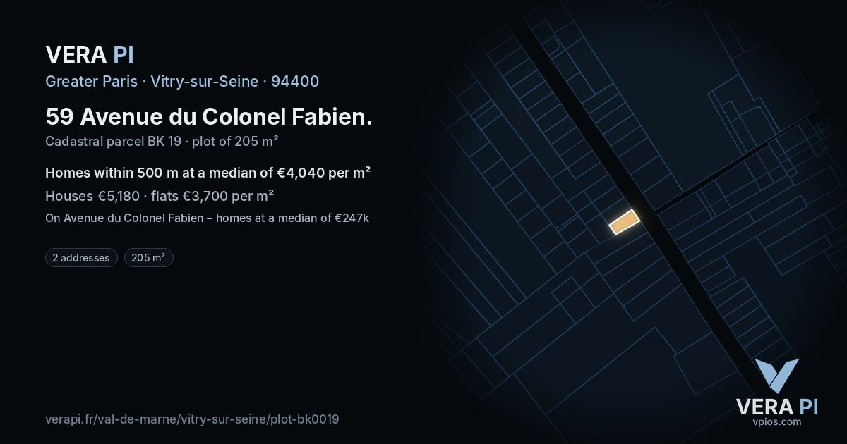 59 Avenue du Colonel Fabien, Vitry-sur-Seine at night – the plot lit, the parcels around coloured by the prices near them