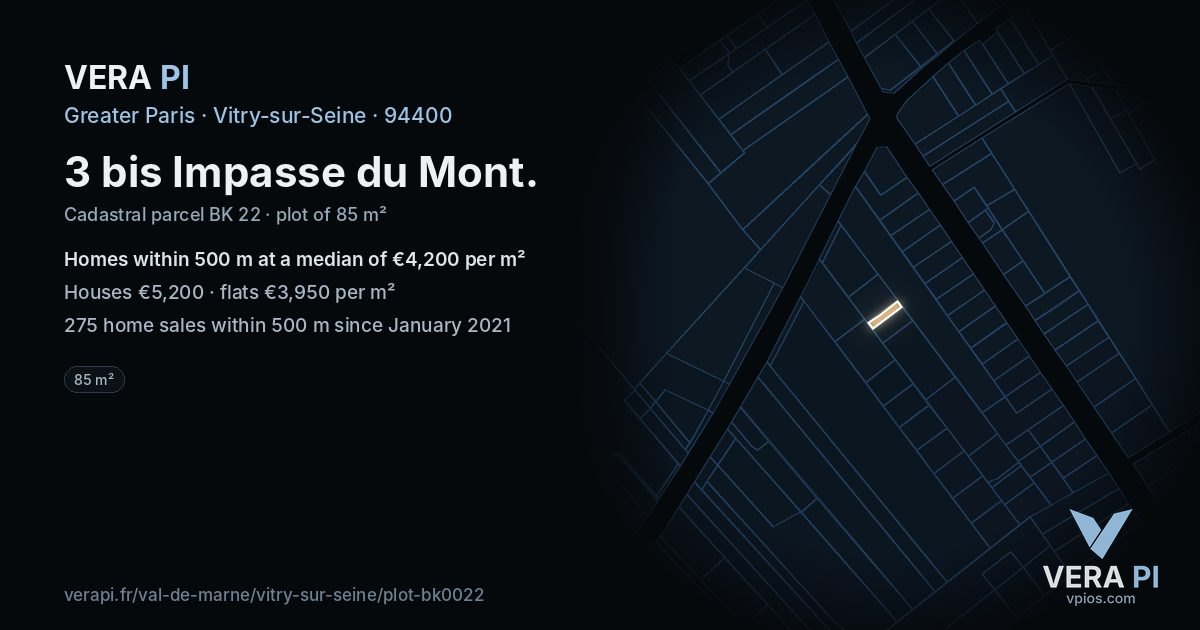 3 bis Impasse du Mont, Vitry-sur-Seine at night – the plot lit, the parcels around coloured by the prices near them