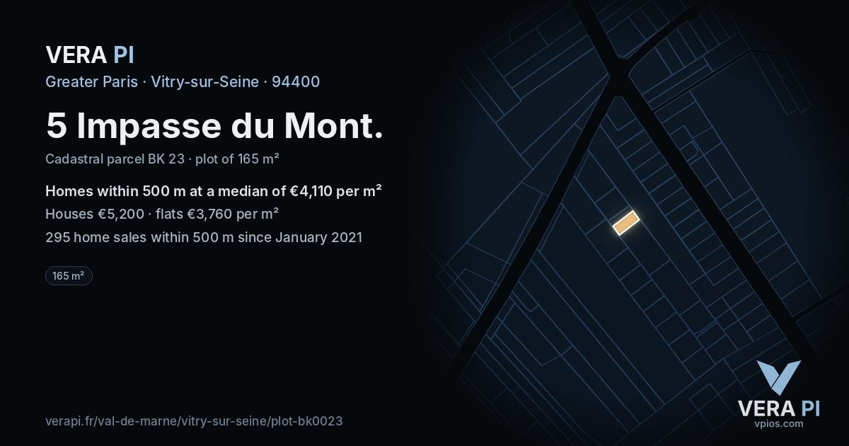 5 Impasse du Mont, Vitry-sur-Seine at night – the plot lit, the parcels around coloured by the prices near them