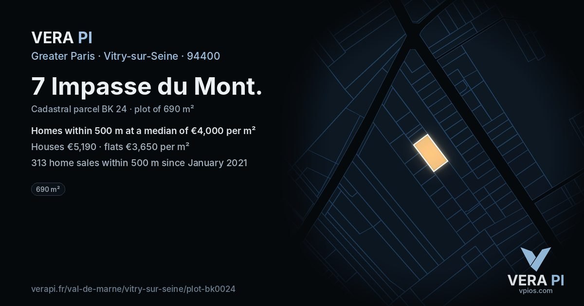 7 Impasse du Mont, Vitry-sur-Seine at night – the plot lit, the parcels around coloured by the prices near them