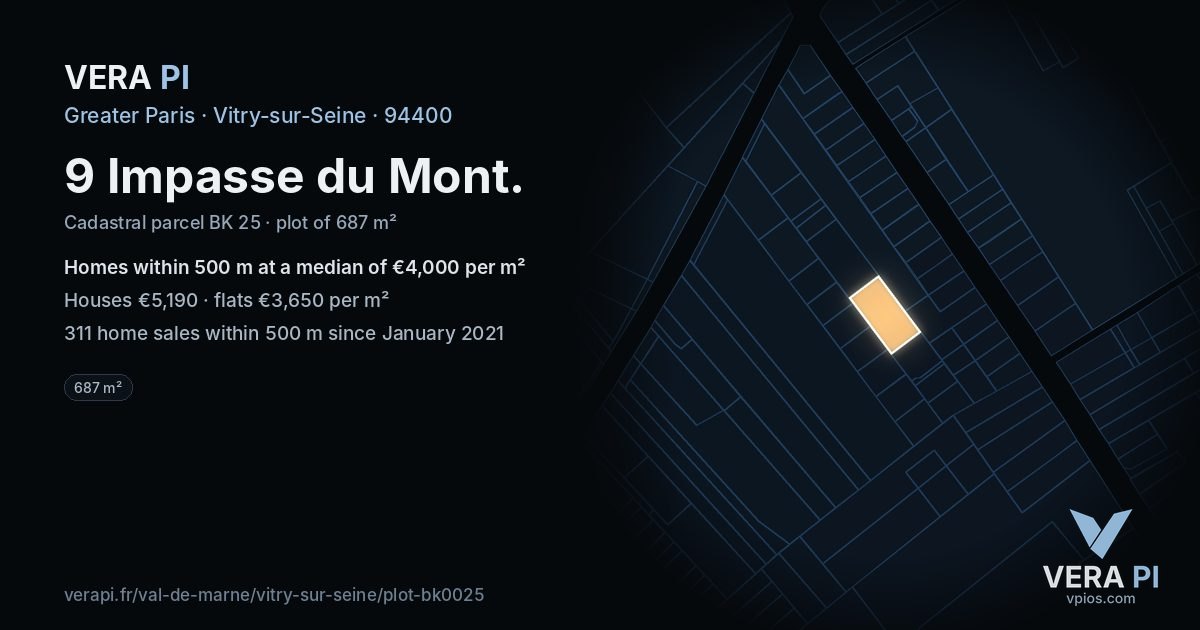 9 Impasse du Mont, Vitry-sur-Seine at night – the plot lit, the parcels around coloured by the prices near them