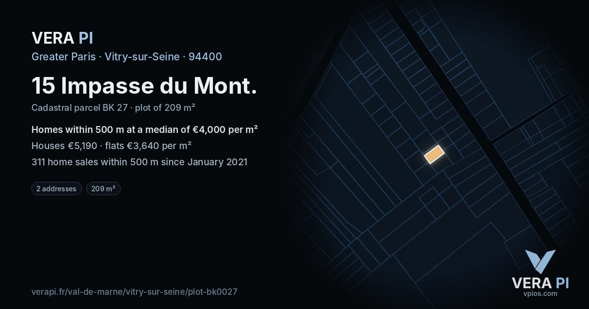 15 Impasse du Mont, Vitry-sur-Seine at night – the plot lit, the parcels around coloured by the prices near them