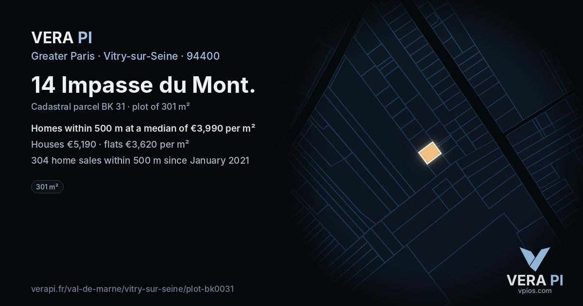 14 Impasse du Mont, Vitry-sur-Seine at night – the plot lit, the parcels around coloured by the prices near them