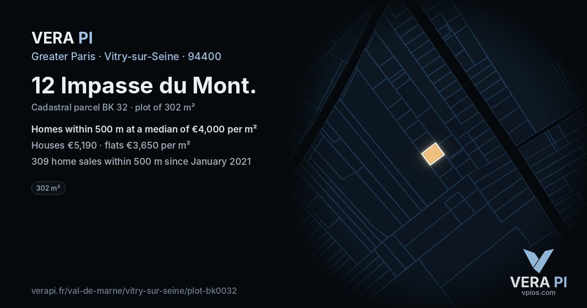 12 Impasse du Mont, Vitry-sur-Seine at night – the plot lit, the parcels around coloured by the prices near them