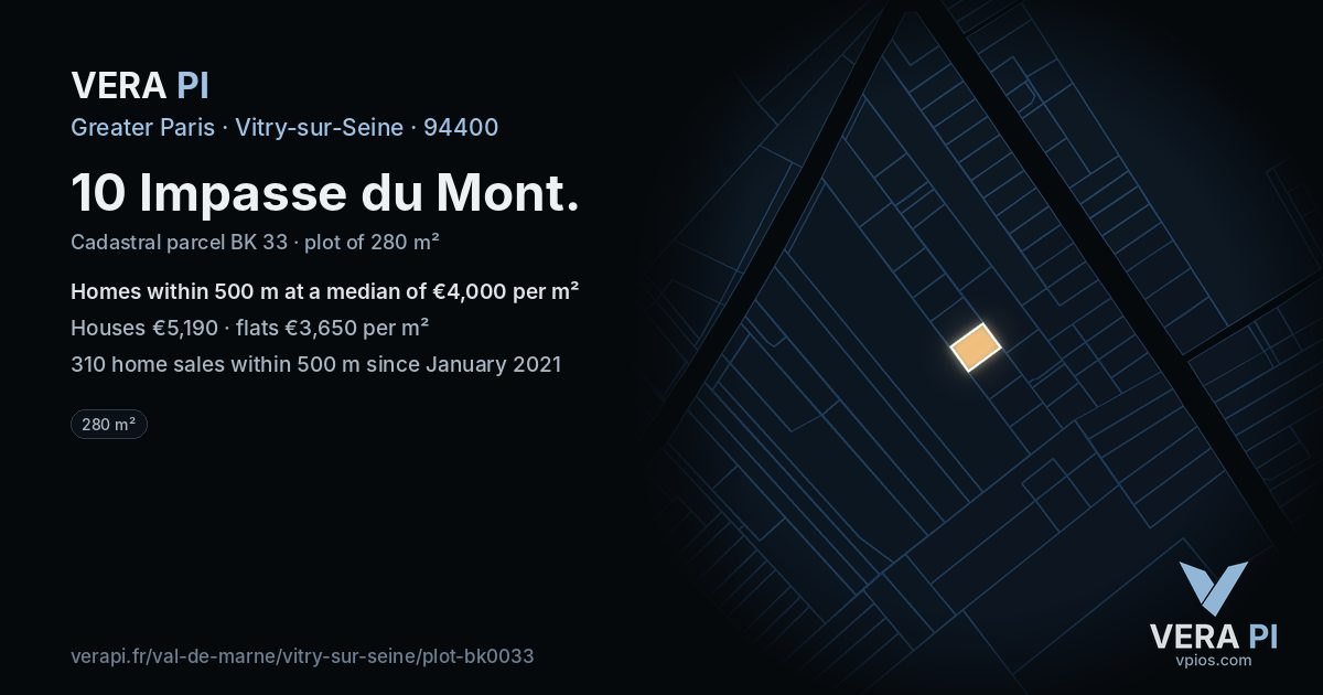 10 Impasse du Mont, Vitry-sur-Seine at night – the plot lit, the parcels around coloured by the prices near them