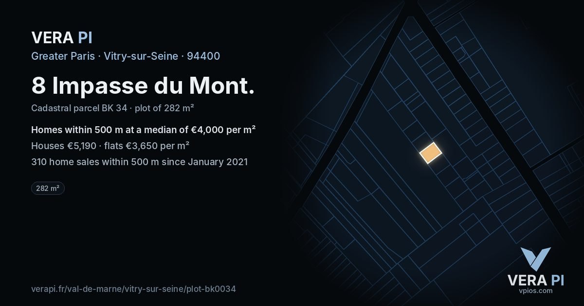 8 Impasse du Mont, Vitry-sur-Seine at night – the plot lit, the parcels around coloured by the prices near them