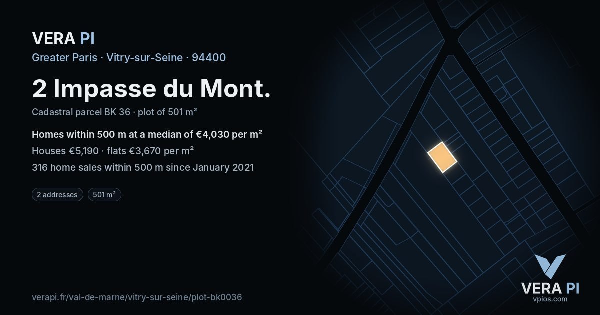 2 Impasse du Mont, Vitry-sur-Seine at night – the plot lit, the parcels around coloured by the prices near them