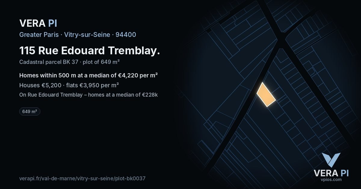 115 Rue Edouard Tremblay, Vitry-sur-Seine at night – the plot lit, the parcels around coloured by the prices near them