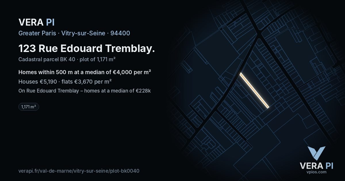 123 Rue Edouard Tremblay, Vitry-sur-Seine at night – the plot lit, the parcels around coloured by the prices near them