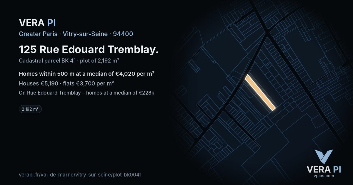 125 Rue Edouard Tremblay, Vitry-sur-Seine at night – the plot lit, the parcels around coloured by the prices near them