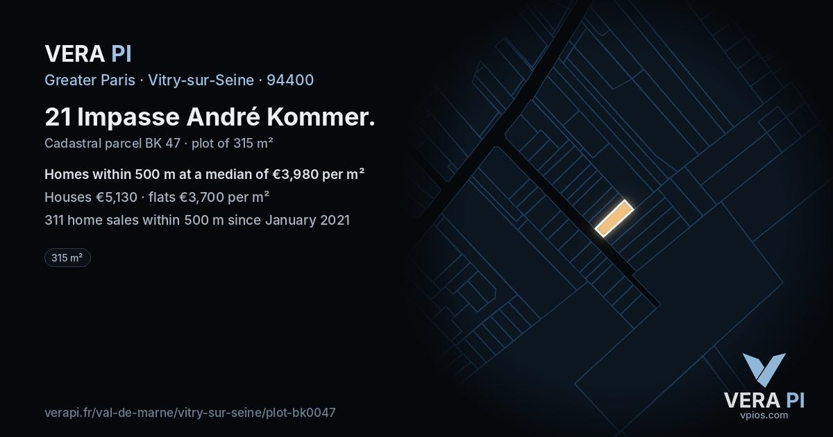 21 Impasse André Kommer, Vitry-sur-Seine at night – the plot lit, the parcels around coloured by the prices near them