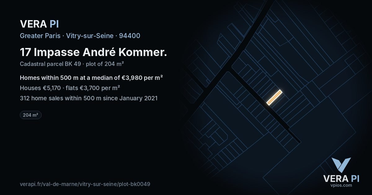 17 Impasse André Kommer, Vitry-sur-Seine at night – the plot lit, the parcels around coloured by the prices near them