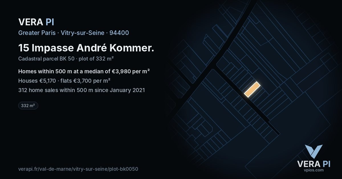 15 Impasse André Kommer, Vitry-sur-Seine at night – the plot lit, the parcels around coloured by the prices near them