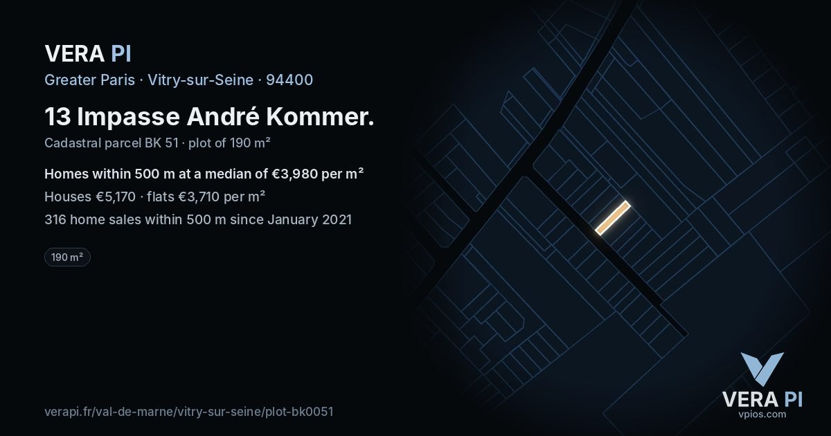 13 Impasse André Kommer, Vitry-sur-Seine at night – the plot lit, the parcels around coloured by the prices near them