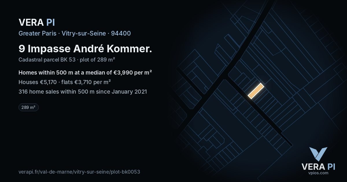 9 Impasse André Kommer, Vitry-sur-Seine at night – the plot lit, the parcels around coloured by the prices near them