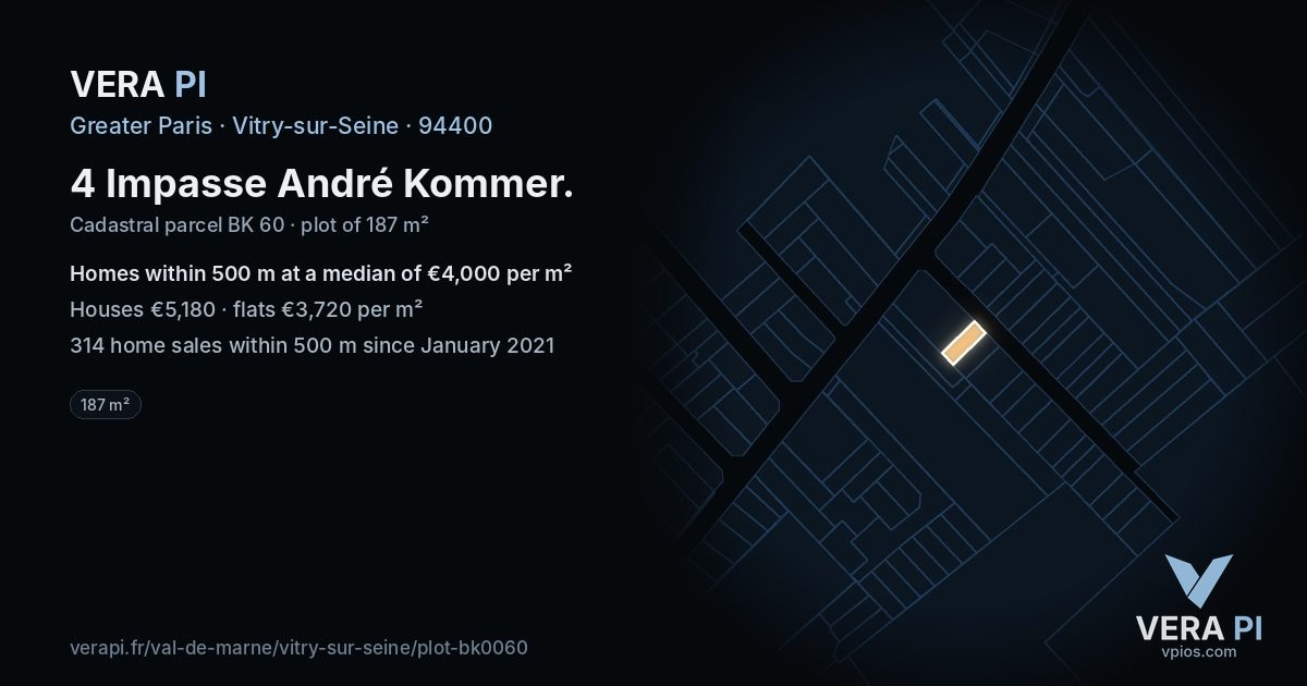 4 Impasse André Kommer, Vitry-sur-Seine at night – the plot lit, the parcels around coloured by the prices near them