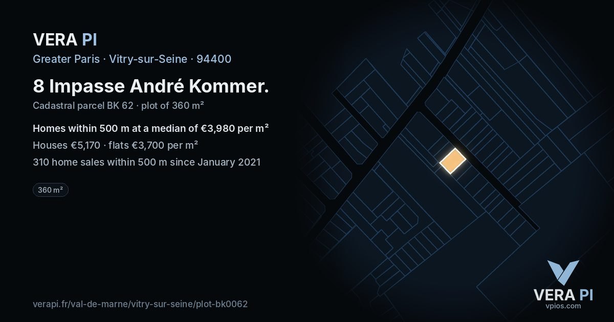 8 Impasse André Kommer, Vitry-sur-Seine at night – the plot lit, the parcels around coloured by the prices near them