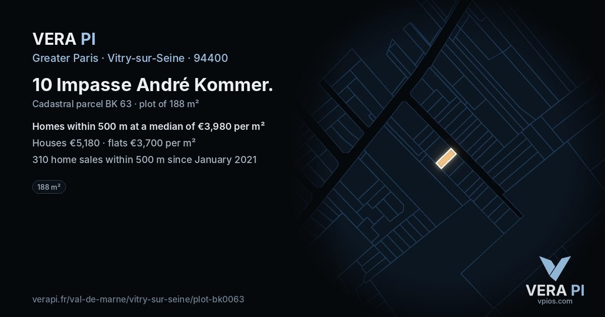 10 Impasse André Kommer, Vitry-sur-Seine at night – the plot lit, the parcels around coloured by the prices near them