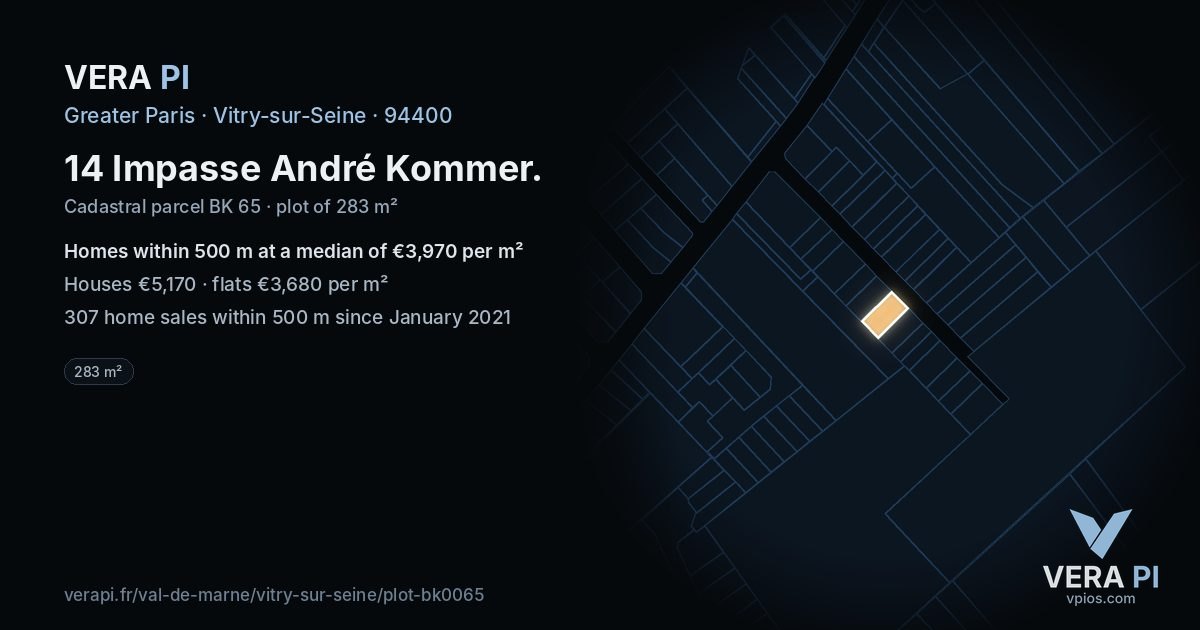 14 Impasse André Kommer, Vitry-sur-Seine at night – the plot lit, the parcels around coloured by the prices near them