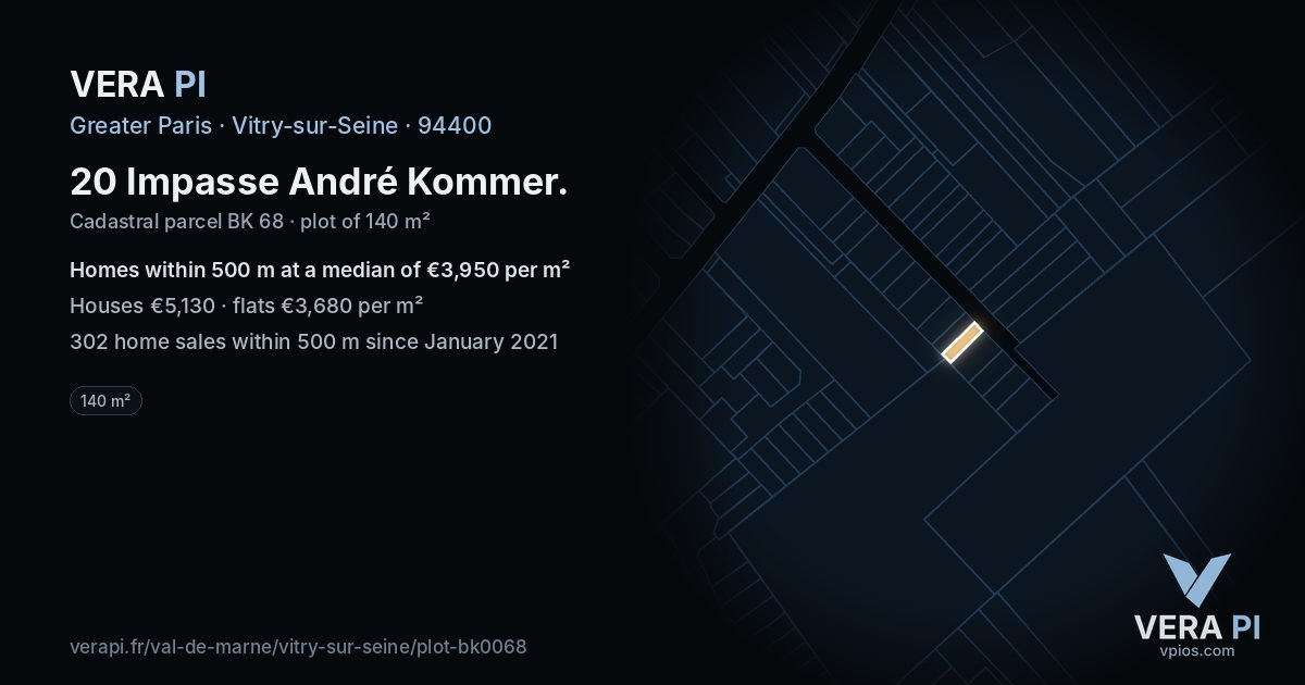 20 Impasse André Kommer, Vitry-sur-Seine at night – the plot lit, the parcels around coloured by the prices near them