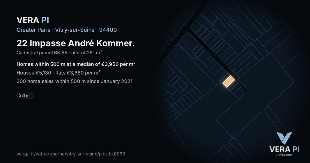 22 Impasse André Kommer, Vitry-sur-Seine at night – the plot lit, the parcels around coloured by the prices near them