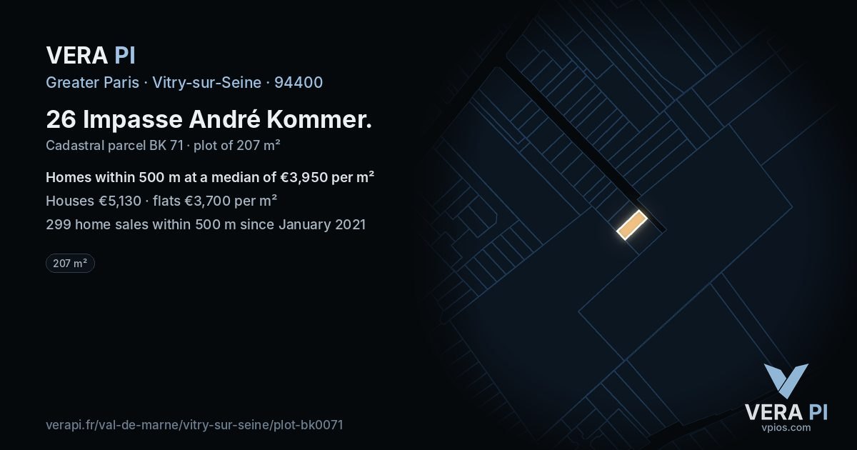 26 Impasse André Kommer, Vitry-sur-Seine at night – the plot lit, the parcels around coloured by the prices near them