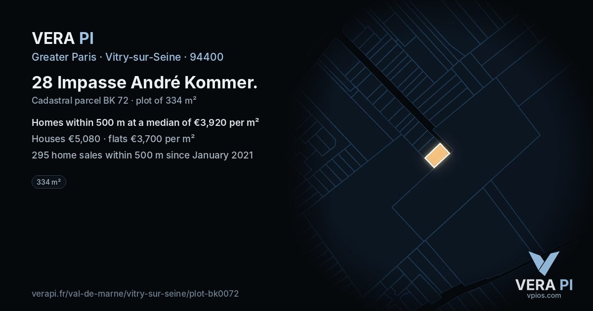 28 Impasse André Kommer, Vitry-sur-Seine at night – the plot lit, the parcels around coloured by the prices near them