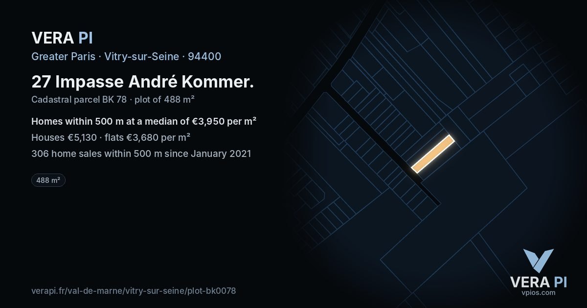 27 Impasse André Kommer, Vitry-sur-Seine at night – the plot lit, the parcels around coloured by the prices near them