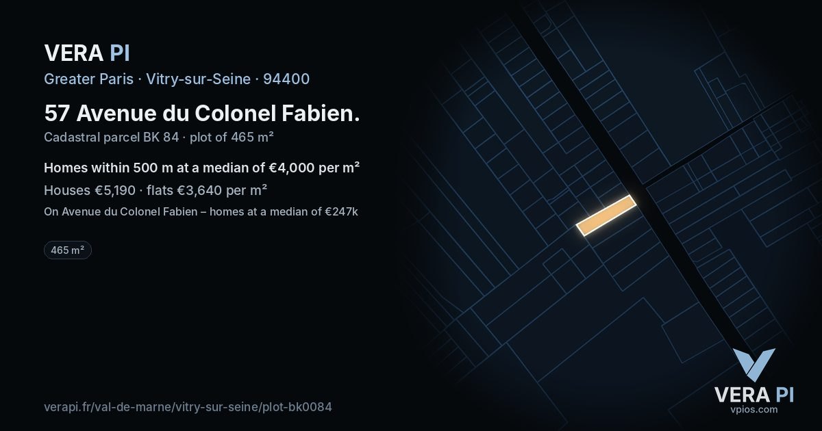 57 Avenue du Colonel Fabien, Vitry-sur-Seine at night – the plot lit, the parcels around coloured by the prices near them