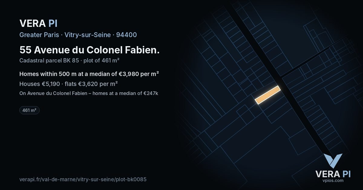 55 Avenue du Colonel Fabien, Vitry-sur-Seine at night – the plot lit, the parcels around coloured by the prices near them