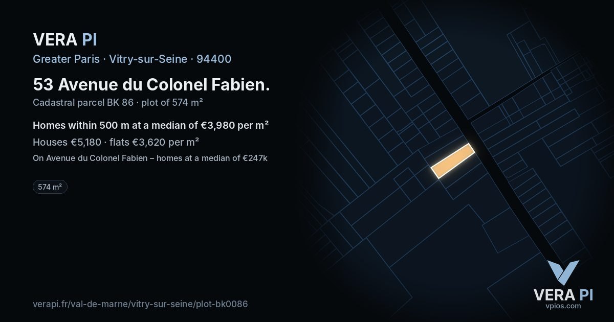 53 Avenue du Colonel Fabien, Vitry-sur-Seine at night – the plot lit, the parcels around coloured by the prices near them