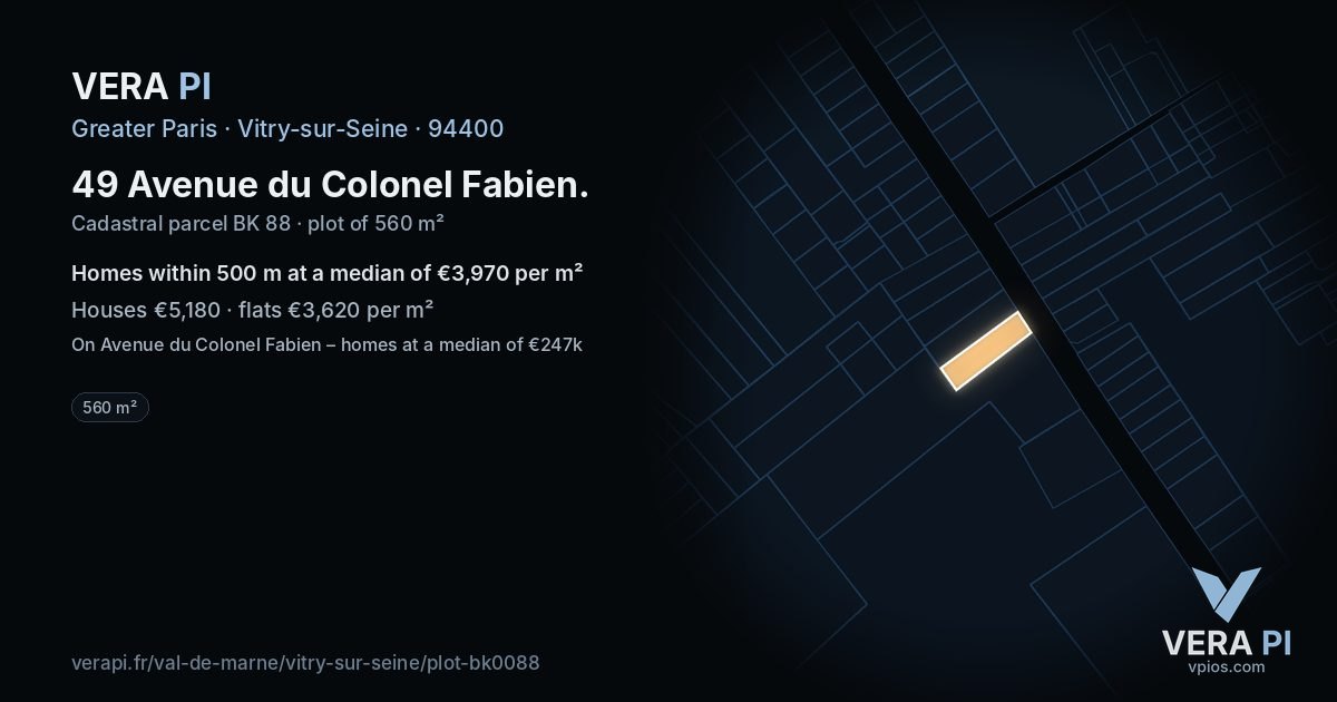 49 Avenue du Colonel Fabien, Vitry-sur-Seine at night – the plot lit, the parcels around coloured by the prices near them