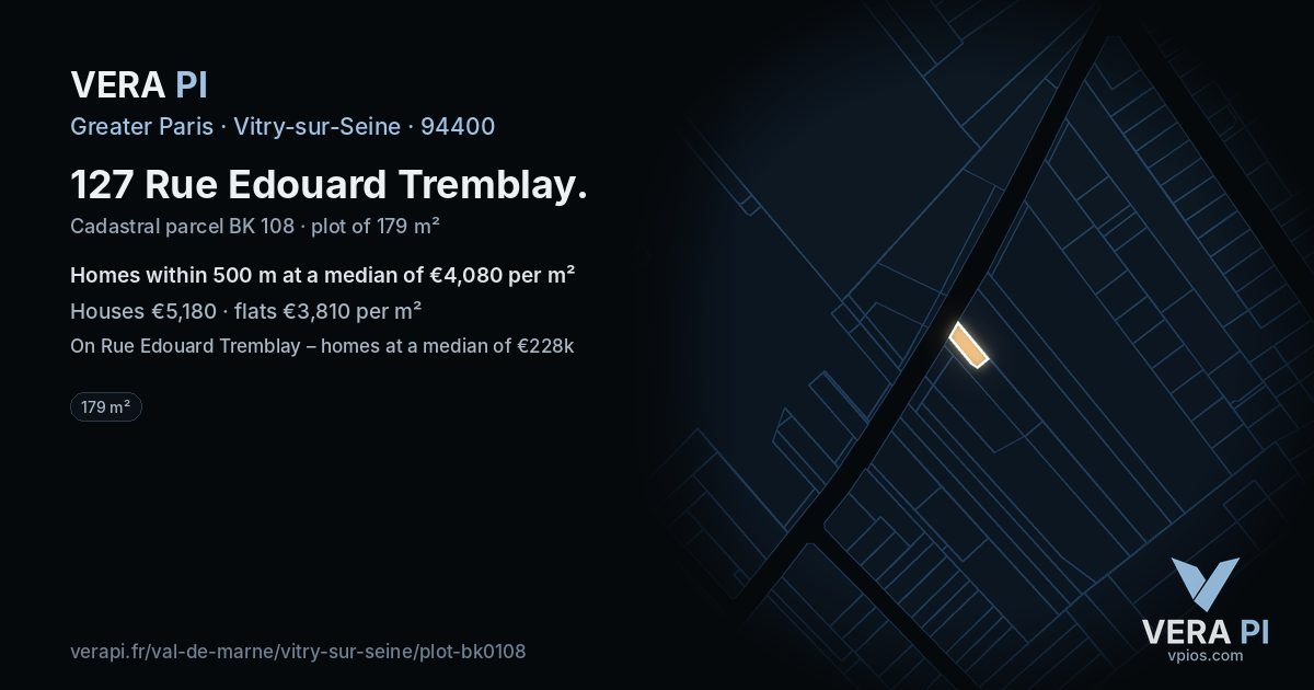 127 Rue Edouard Tremblay, Vitry-sur-Seine at night – the plot lit, the parcels around coloured by the prices near them