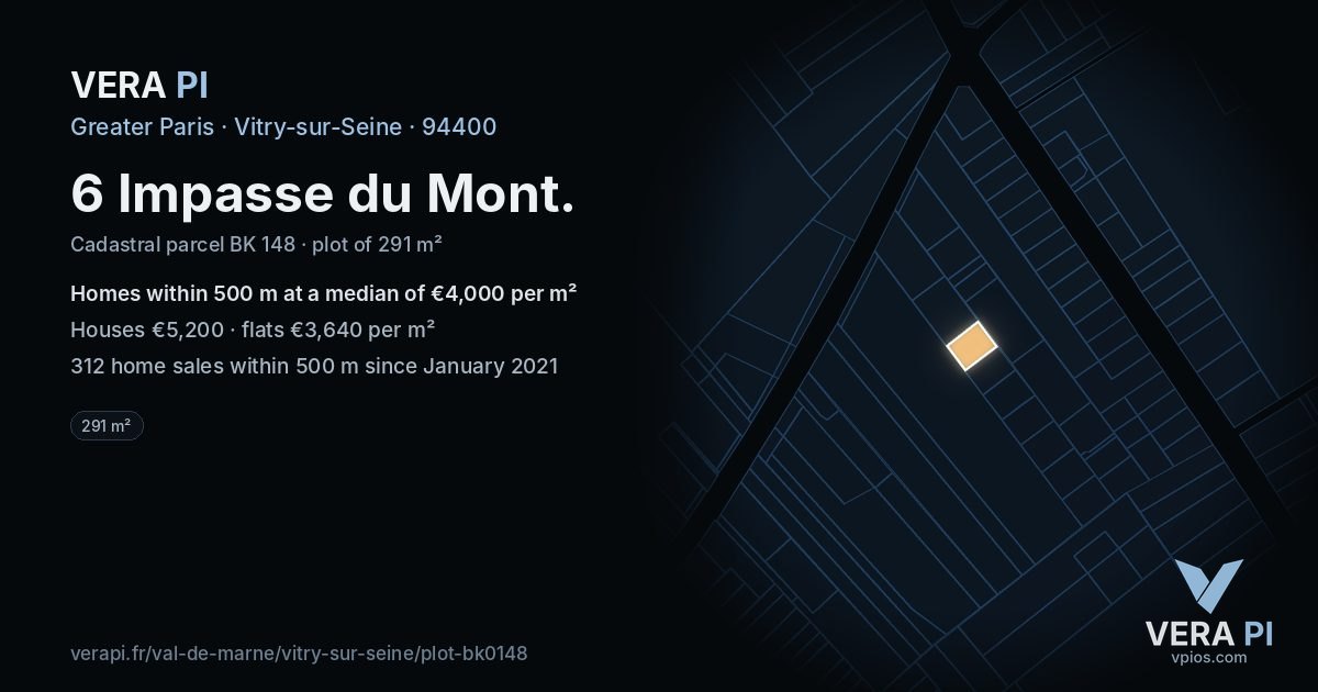 6 Impasse du Mont, Vitry-sur-Seine at night – the plot lit, the parcels around coloured by the prices near them